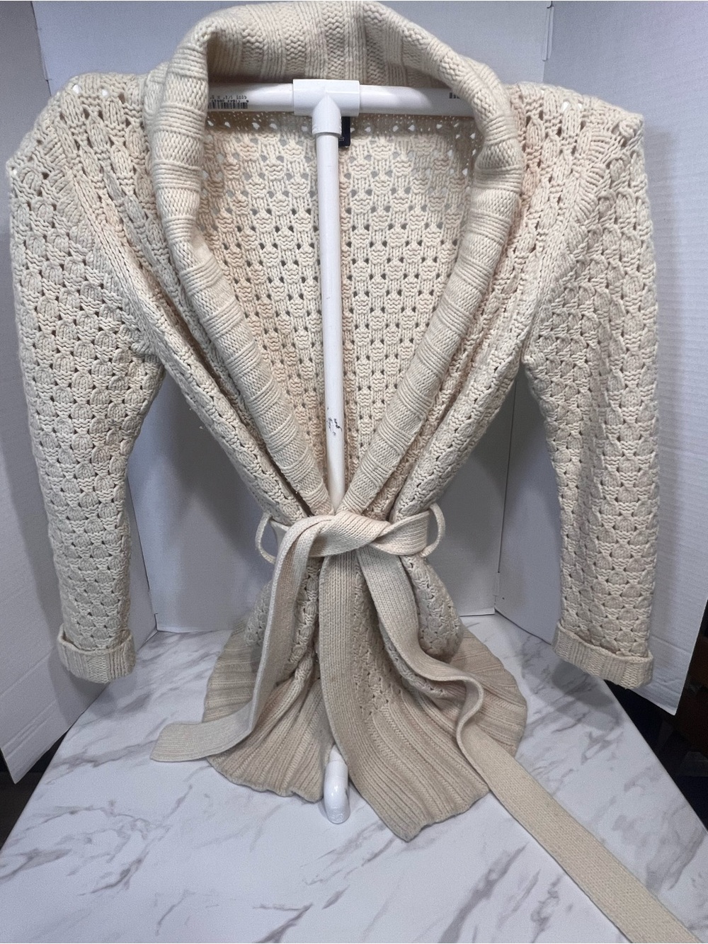 GAP Cream Open-Knit Shawl-Collar Belted Cardigan